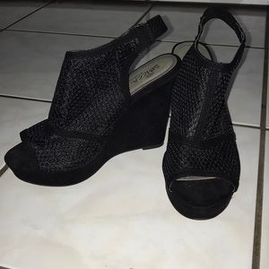 Black Mesh Peep Toe Wedges